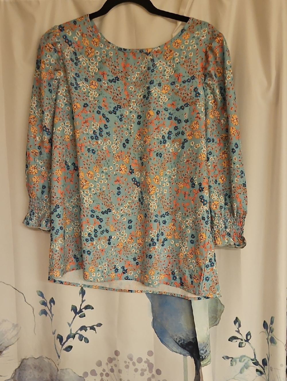 SHEIN Blue Floral Accent Blouse Fits Lije A Large